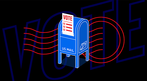 A blue US Mailbox with a red with a white vote list in red on a black background with the words Vote in blue.